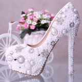 白色珍珠水钻婚鞋水晶珍珠新娘鞋浅口圆头超高跟防水台舒适婚礼鞋