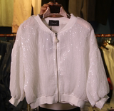 QW心霓儿 Bling的亮片奶白色珍珠拉链优雅防晒衫上衣外套