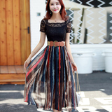 蕾丝雪纺连衣裙2016夏季新款韩版修身短袖中长款高腰条纹裙子女装