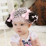韩版宝宝发带0-1岁 婴儿童头饰假发帽配饰蕾丝儿童拍照粉色蝴蝶结