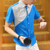 夏季韩版修身型男士短袖衬衫男青少年学生拼接休闲半袖衬衣潮男装