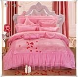 纯棉婚庆四件套大红蕾丝床裙床上用品六八十结婚房床品新婚礼粉色