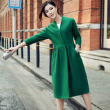 秋装长袖v领针织衫磨毛连衣裙女2016新款韩版收腰中长款开衫外套