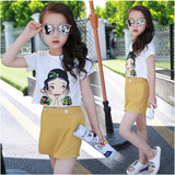 韩版童装2016夏装中大童露脐短袖上衣T恤套装夏季女童短裙两件套
