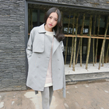 2016春款新品灰色简约直筒风衣系带中长双排扣立体纹路韩版外套女