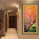 手绘油画定制玄关装饰画竖版现代客厅壁画中式风水走廊挂画九鱼图
