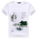 2015中国风民族风景图案印花山水画上等牛奶丝男短袖t恤