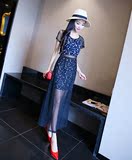 夏装新款韩版两件套时尚修身印花松紧吊带圆领短袖网纱连衣裙L378