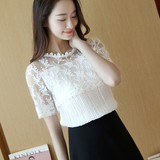 女装2016夏季新款韩版短袖网纱拼接蕾丝衫显瘦褶皱圆领雪纺上衣女