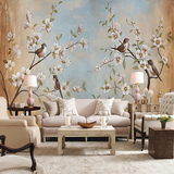 现代简约3d电视背景墙墙纸客厅卧室大型壁画中式花鸟玉兰花卉壁纸