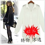 【天天特价】韩国代购新款蕾丝拼接衬衣 大码长袖衬衫雪纺衬衫 女