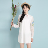 TGP2016夏装新款韩版女宽松纯色刺绣欧根纱长袖娃娃领薄连衣裙子