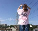 大象店 日本线stussy pinky粉色美式街头风圆领宽松短袖T恤女