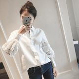 2016春装新款韩版宽松百搭白色拼接蕾丝泡泡袖长袖T恤衬衫女装