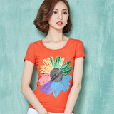 2016夏装新款韩版短袖修身网纱T恤女拼接圆领花朵印花小衫女上衣