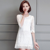 韩版白色t恤女中长款网纱镂空蕾丝打底衫 气质百搭夏天修身上衣潮