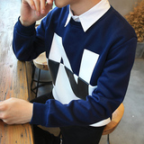秋季男士长袖T恤韩版修身上衣中学生圆领撞色卫衣男装套头衫外套