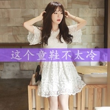 2016夏季韩版白色淑女小清新甜美高腰短袖女蕾丝连衣裙中长公主裙