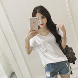 夏季韩版短袖V领纯色T恤女宽松中长款口袋纯棉简约打底衫潮基本款