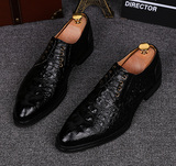 英伦男士商务正装尖头皮鞋鳄鱼纹青年系带欧美版黑色婚鞋时尚潮流