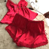 夏季红色丝绸吊带睡衣两件套装女性感露背睡衣短裤大码薄款家居服