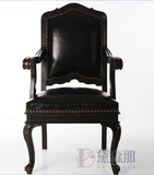 欧式新古典真皮沙发椅 黑色高档书房椅 休闲椅复古扶手椅实木家具