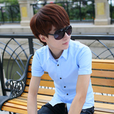 夏季短袖纯色衬衫男士韩版修身型青少年白色半袖衬衣潮男装休闲服