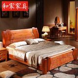 中式纯实木床 雕花榆木床 全实木床 双人床 气动高箱床储物床
