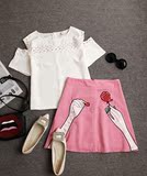 甜美韩版白色短袖上衣高腰粉色绣花短裙套装显瘦气质名媛风两件套