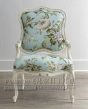 美式实木单人扶手休闲椅新古典浅蓝色印花餐椅欧式白色雕刻办公椅