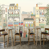 韩国街道火锅料理壁纸复古怀旧手绘无缝大型壁画休闲咖啡餐厅墙纸