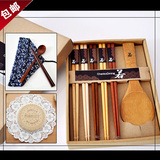 可爱创意天然原木筷子礼品套装日式布袋木筷子勺子木质杯垫隔热垫
