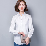 秋季韩版新品女装显瘦白色棉质衬衣中长款花边拼接衬衫女长袖