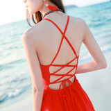波西米亚长裙红色吊带雪纺连衣裙女夏露背显瘦海边度假必备沙滩裙