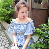 2016韩版夏季短款荷叶边一字领上衣短袖宽松显瘦露肩印花雪纺衫女