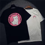欧美夏季新品情侣装字母印花可爱男女纯棉T恤学院风卡通猫咪短袖