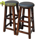 美式复古碳化实木吧椅高脚凳 吧台椅黑色PU皮 酒吧凳前台椅家用