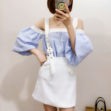 BOBO夏装女装裙子韩国时尚休闲一字领露肩上衣+白色背带裙两件套