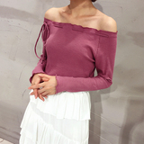 2016秋季女装韩版一字领上衣露肩系带修身显瘦长袖针织衫套头毛衣