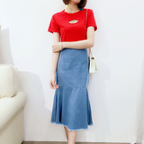 BOBO韩国牛仔套装女夏圆领短袖t恤鱼尾包臀裙半身裙时尚潮两件套
