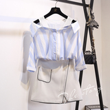 2016夏季新款韩版假两件条纹棉麻衬衫宽松吊带一字领五分袖上衣女