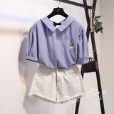 2016夏季新款韩范娃娃领短袖印花条纹衬衫系带蝴蝶结灯笼袖上衣女
