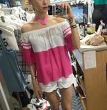 韩国东大门进口女装代购 16夏甜美可爱挂脖一字领条纹混色短袖T恤