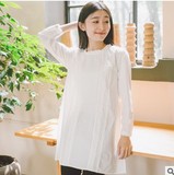 日式文艺范淑女风琴褶打底白衬衫中长款长袖衬衣纯棉女装蕾丝修身