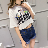 韩国半袖夏季白色宽松短款高腰装露脐短袖T恤学生运动女装上衣潮