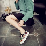 春季新款韩版女士帆布鞋松糕跟卡通一脚蹬套脚懒人鞋学生布鞋单鞋