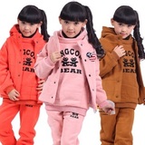 童装 女童 秋冬装2015 中大童三件套 长袖加绒加厚韩版卫衣套装
