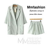 MMFS外贸原单剪标女装韩国单时尚2件套装棉麻西装外套+休闲短裤夏