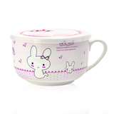 名流 可爱粉色音乐兔图案泡面杯 带真空盖子有柄大容量杯子陶瓷碗