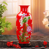 189景德镇陶瓷器 中国红花瓶荷花描金 结婚礼品 家居工艺品摆件